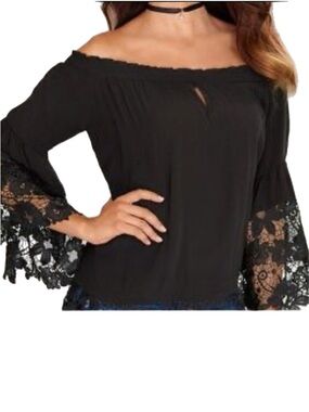Chic Luxe Steampunk Off Shoulder Blouse Top Lace Crochet Bell Sleeve Romantic OS